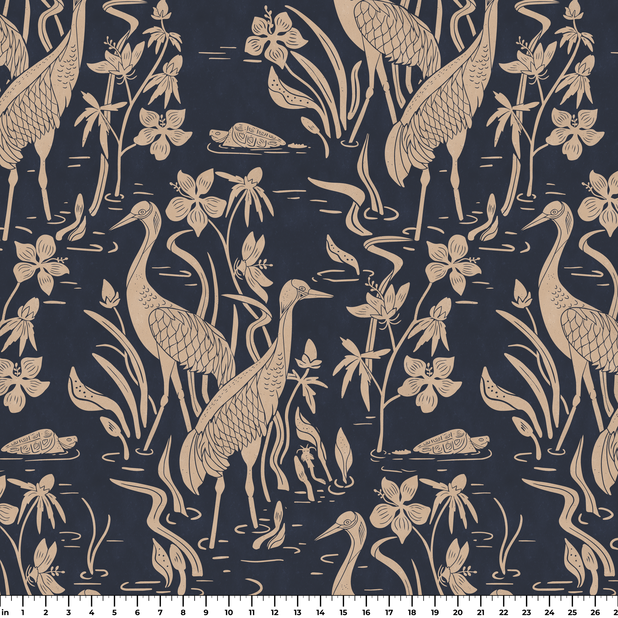 Elegant herons and cranes with flowers in beige on dark navy blue background, nature pattern