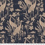 Elegant herons and cranes with flowers in beige on dark navy blue background, nature pattern
