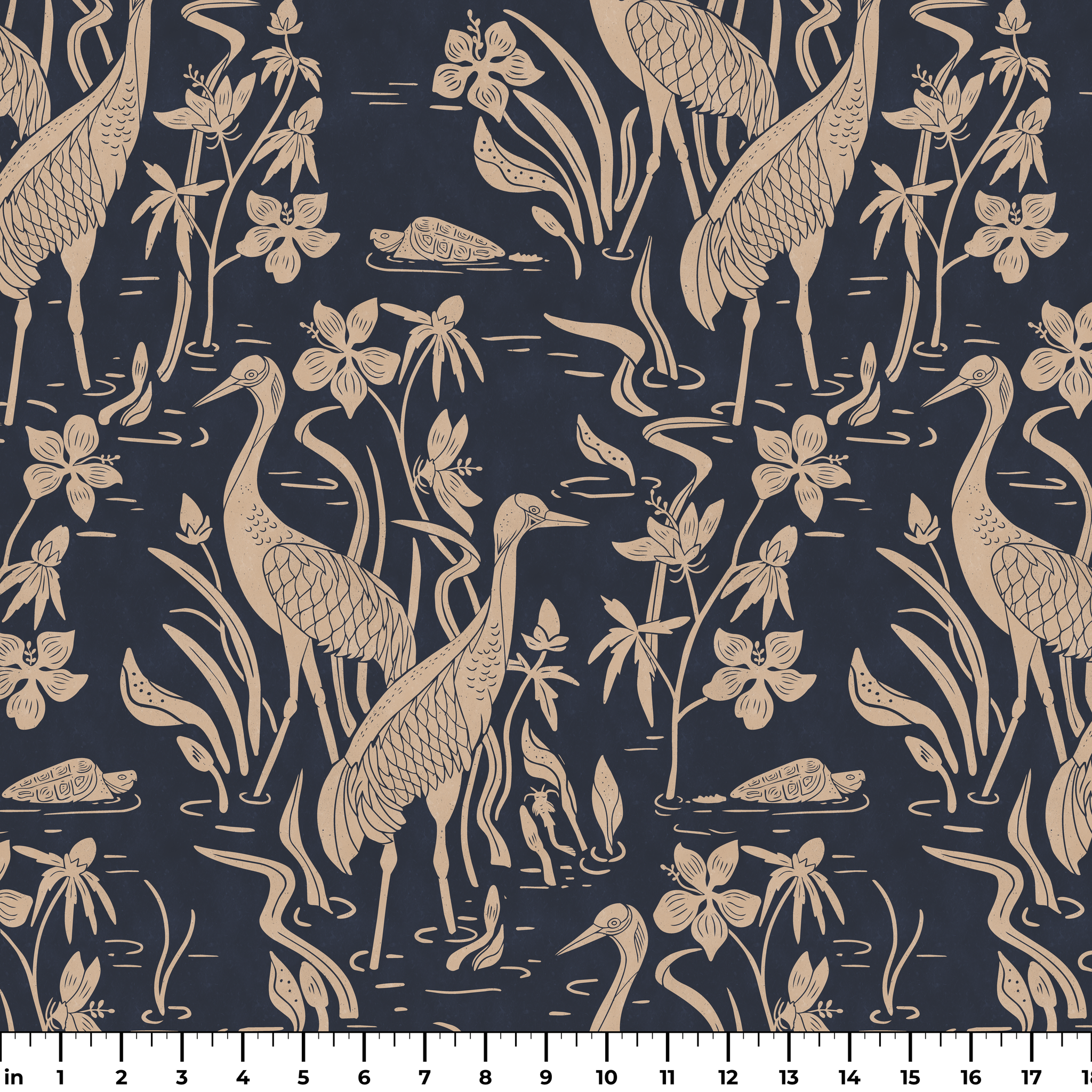 Cranes and flora pattern in beige on dark blue background with Asian-inspired design