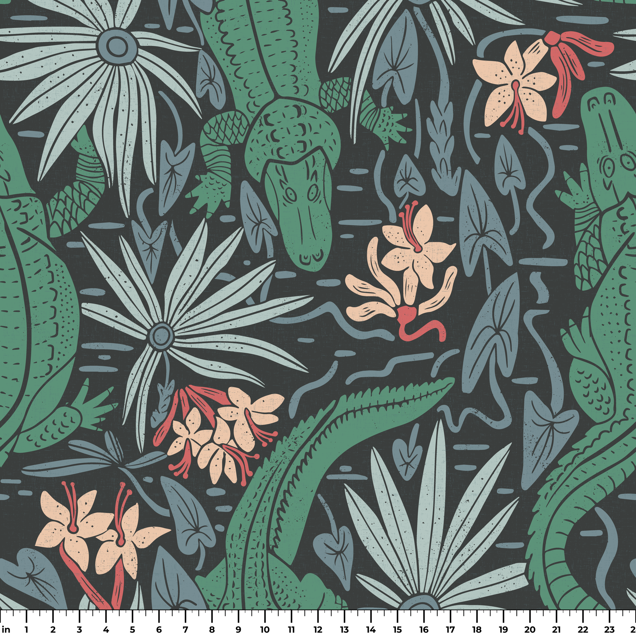 Tropical pattern with green alligators, palm fronds, and coral flowers on dark background