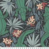 Tropical pattern with green alligators, palm fronds, and coral flowers on dark background