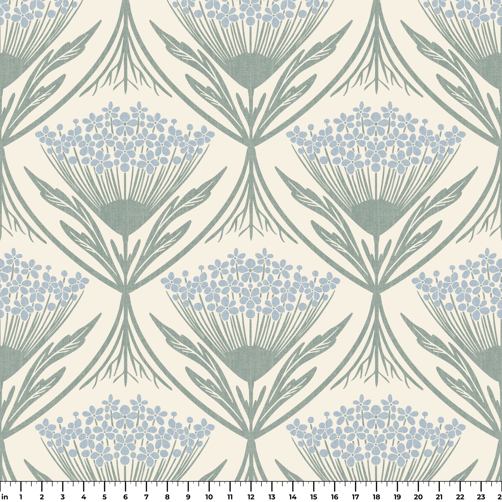 Art Nouveau floral pattern with stylized blue flowers and sage green leaves on cream background