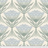 Art Nouveau floral pattern with stylized blue flowers and sage green leaves on cream background