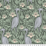 Art Nouveau pattern with herons, water lilies, and reeds in green, white, and lavender tones