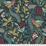 Dark botanical pattern with birds, hedgehogs, flowers and foliage in muted tones