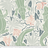 Desert botanical pattern with cacti, flowers, and abstract shapes in sage green, peach, and navy