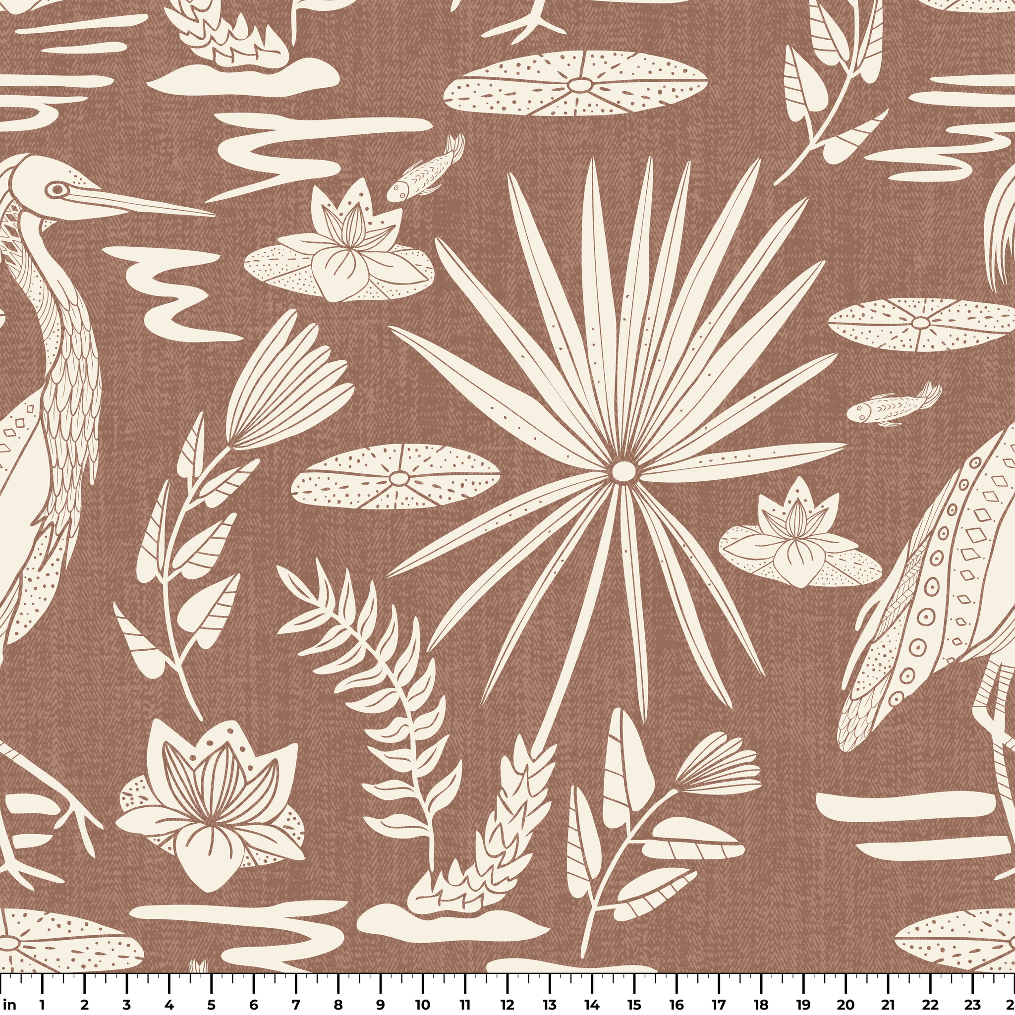 Tropical bird and palm leaf pattern in cream on terracotta brown background