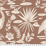 Tropical bird and palm leaf pattern in cream on terracotta brown background