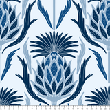 Blue and white tropical pineapple damask pattern with stylized leaves and geometric motifs