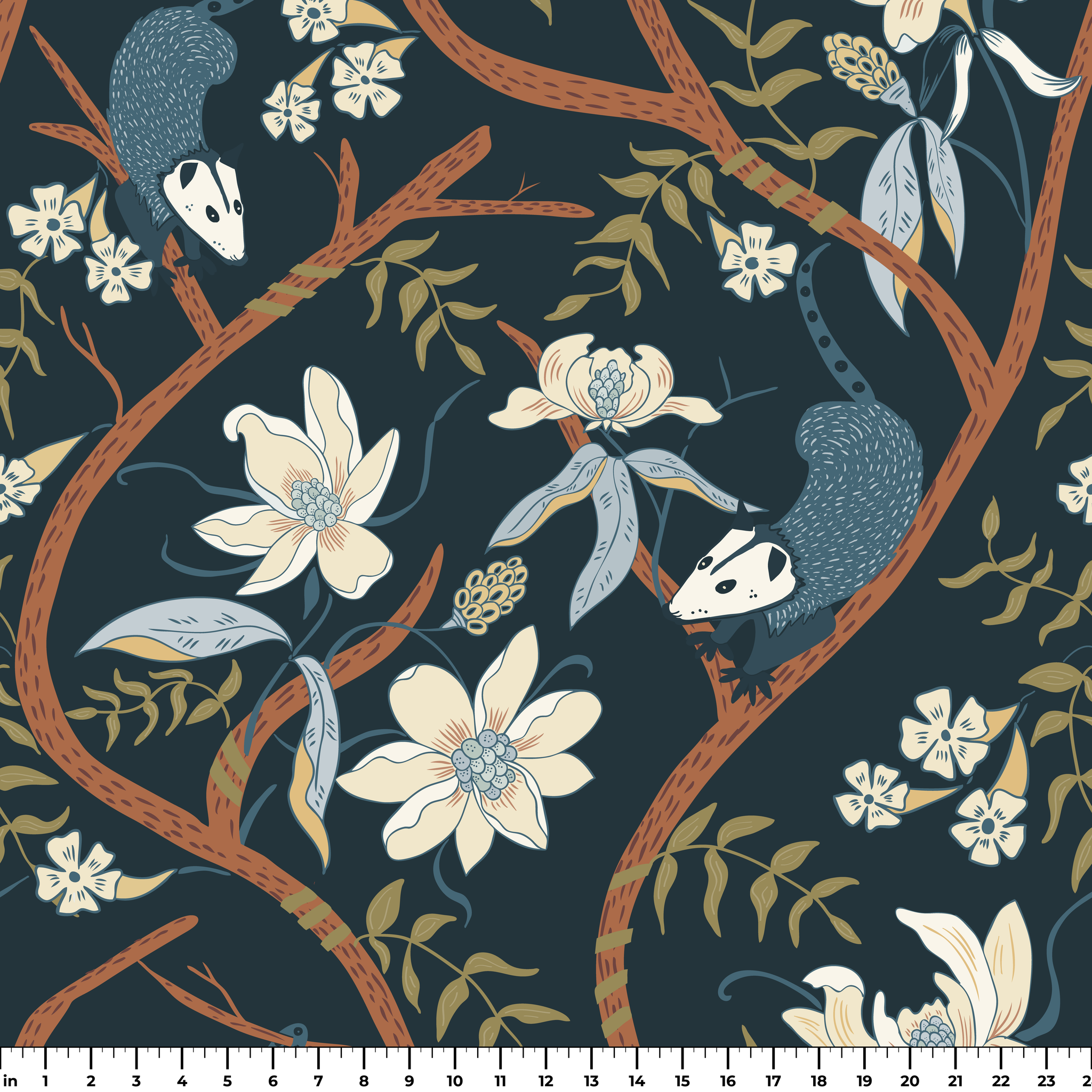 Dark floral pattern with cream magnolias, blue berries, green leaves and brown branches on black bac