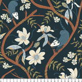 Dark floral pattern with cream magnolias, blue berries, green leaves and brown branches on black bac