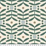 Geometric botanical pattern with teal green leaves, circles, and gray squares on cream background