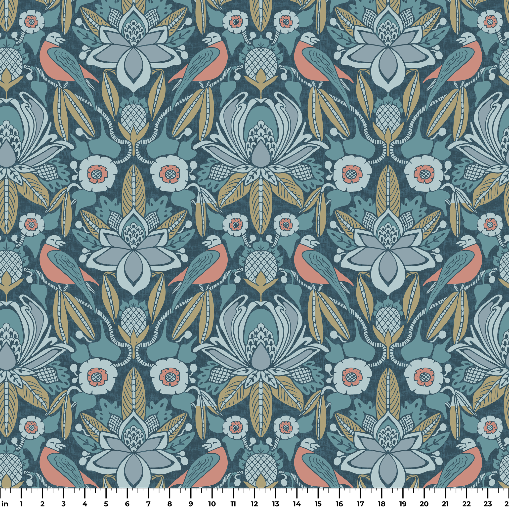 Symmetrical art nouveau pattern with stylized birds, lotus flowers, and foliage in blue, coral, and