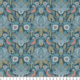 Symmetrical art nouveau pattern with stylized birds, lotus flowers, and foliage in blue, coral, and