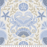 Symmetrical coastal damask pattern with crabs, starfish, shells, and seaweed in blue and tan