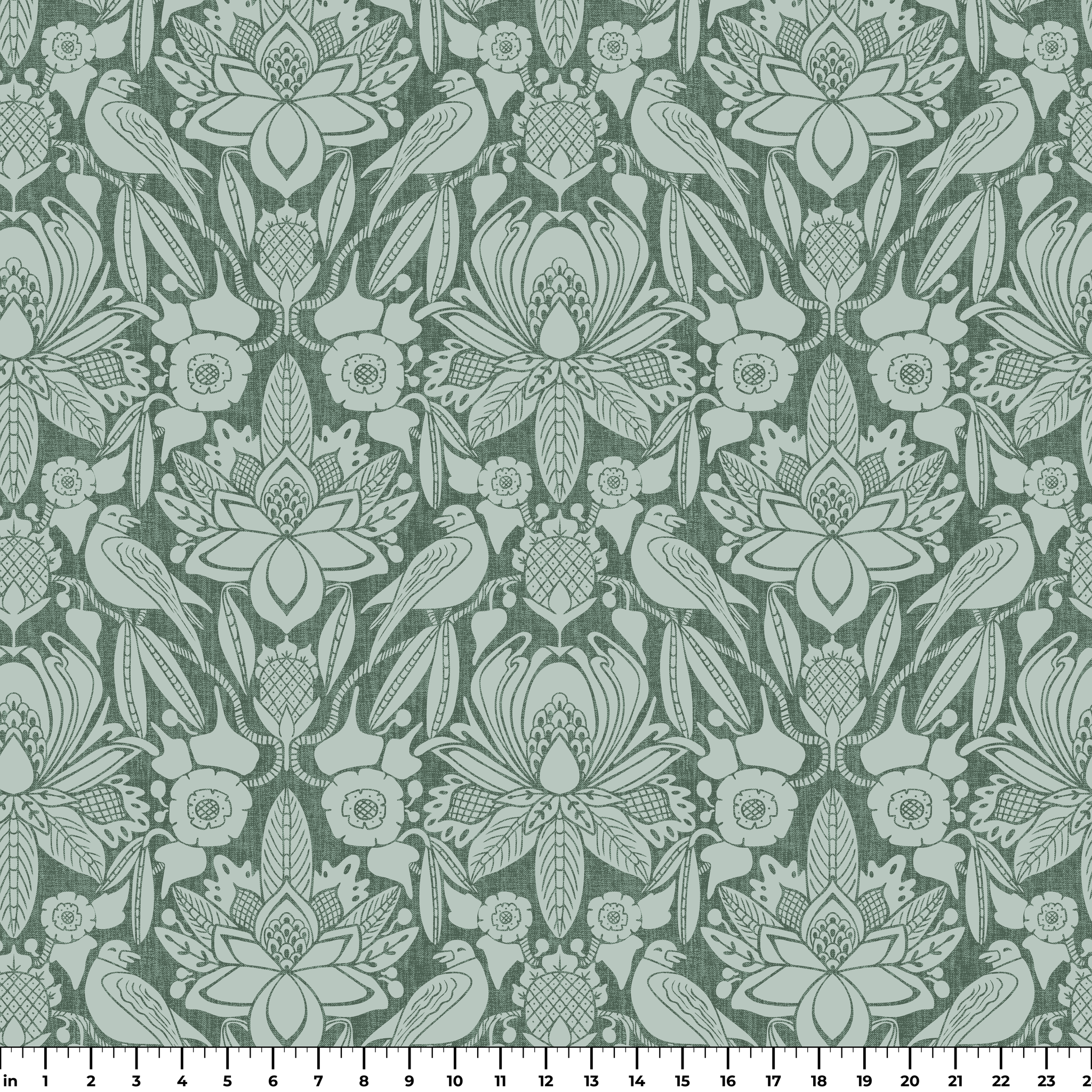 Ornate Art Nouveau floral pattern with stylized lotus flowers and foliage in sage green tones