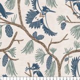 Birds and pine cones on branches in blue, green, and beige decorative pattern