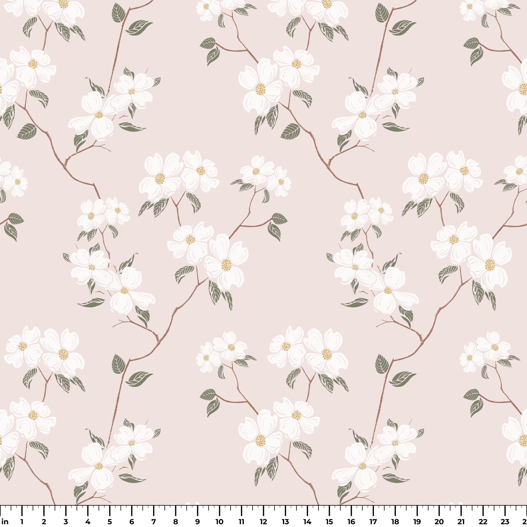 Delicate floral pattern with white flowers and gray leaves on pale pink background