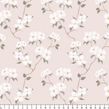 Delicate floral pattern with white flowers and gray leaves on pale pink background