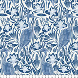 Blue and white decorative pattern with stylized birds, flowers, and botanical motifs in a folk art s