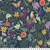 Vibrant floral pattern with colorful flowers, birds, and foliage on dark teal background