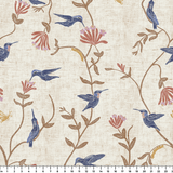 Decorative pattern with blue birds, rust-colored flowers, and brown foliage on cream background
