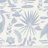 Tropical pattern with palm fronds, herons, and foliage in soft blue-gray on cream background