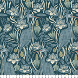 Art Nouveau style botanical pattern with blue-green tones featuring stylized flowers, leaves, and or