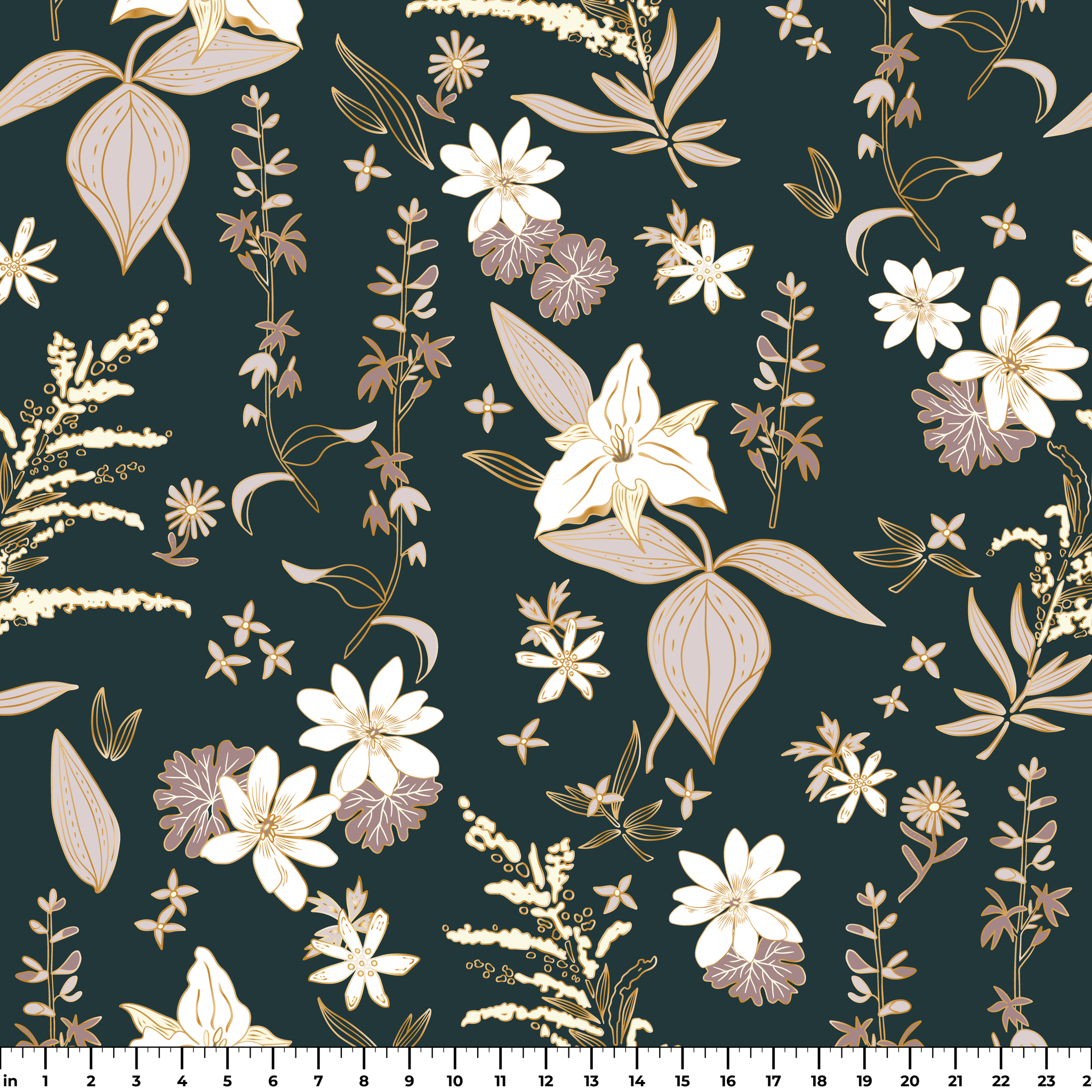 Vintage botanical pattern with cream and pink flowers on dark green background