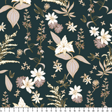Vintage botanical pattern with cream and pink flowers on dark green background