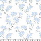 Delicate blue floral pattern with stems and leaves on white background
