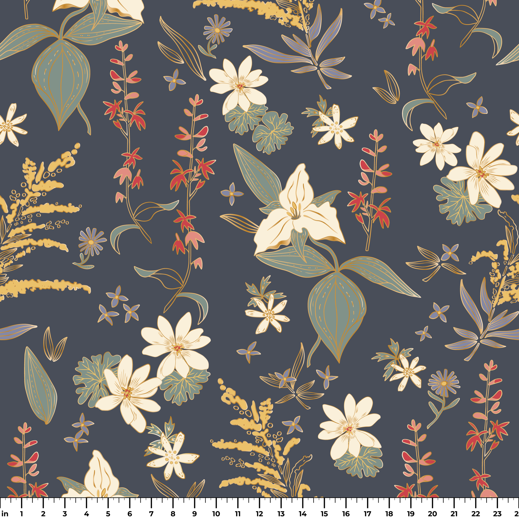 Vintage floral pattern with white flowers, golden stalks, and red blooms on dark gray background