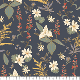 Vintage floral pattern with white flowers, golden stalks, and red blooms on dark gray background