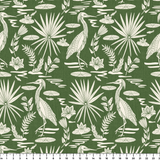 Tropical pattern with white herons, palm fronds, and ferns on dark green background