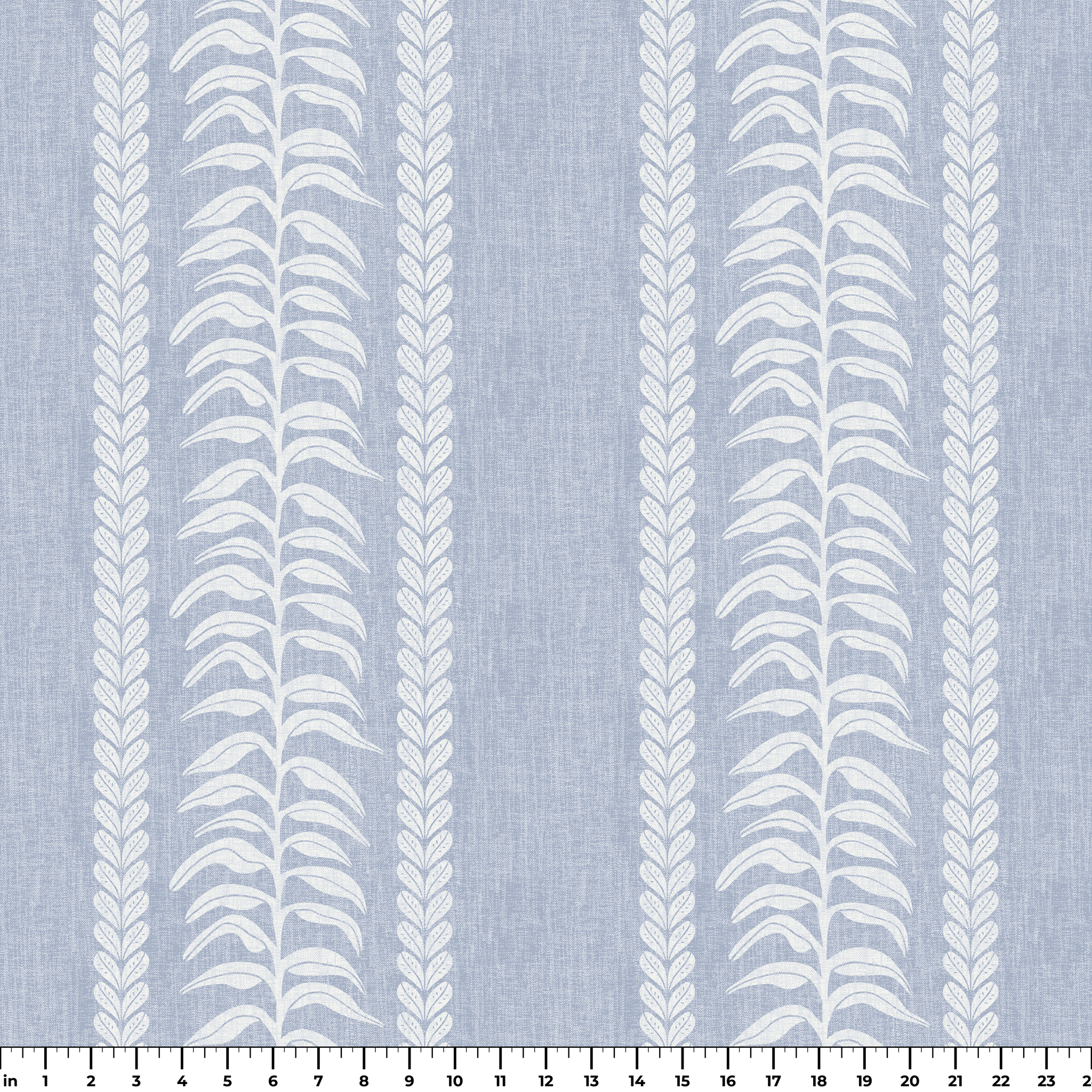 Blue and white vertical stripe pattern with leaf motifs and textured linen background