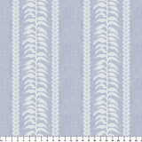 Blue and white vertical stripe pattern with leaf motifs and textured linen background