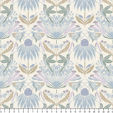Symmetrical art nouveau pattern with stylized flowers, leaves, and butterflies in soft blue, purple,