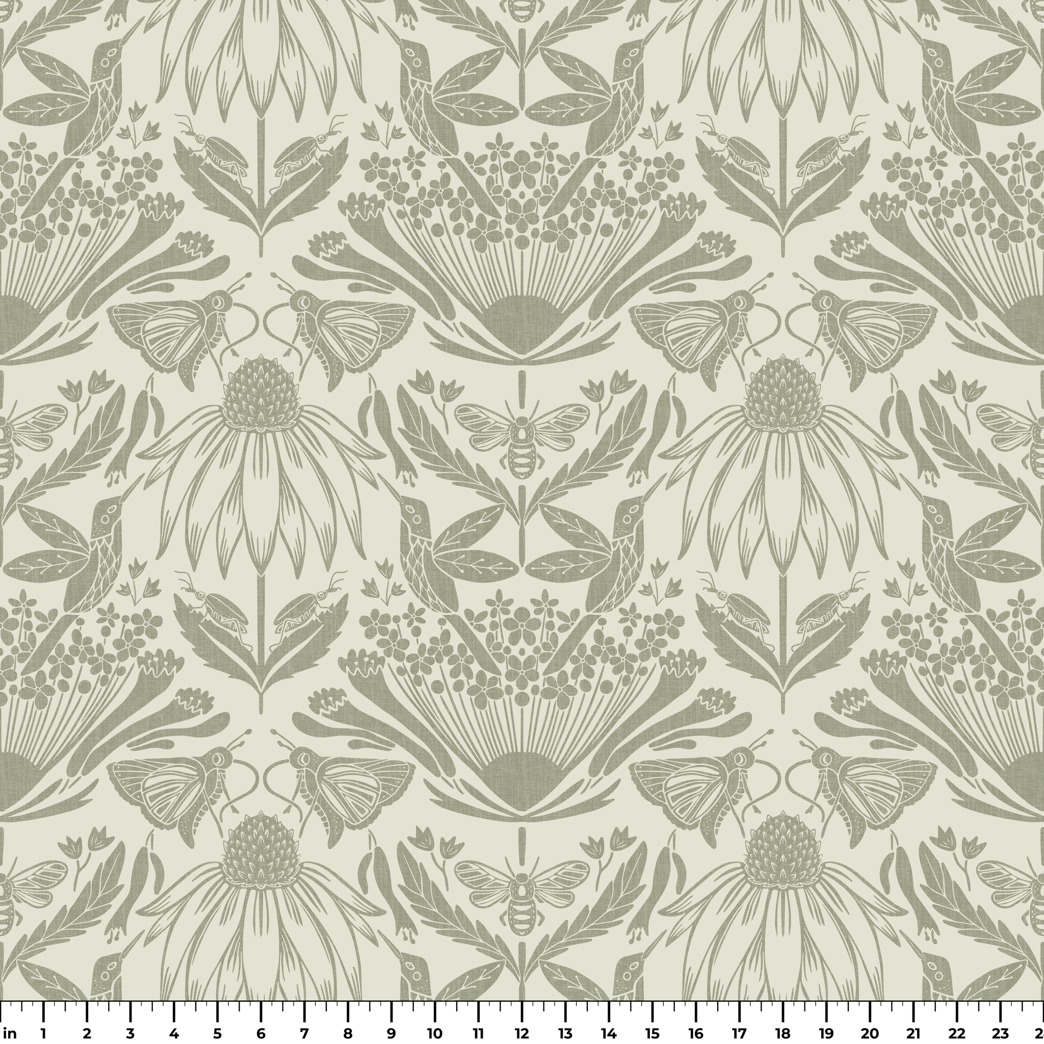 Symmetrical art nouveau botanical pattern with protea flowers, moths, and foliage in sage green on c