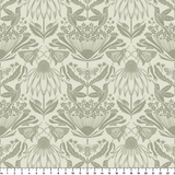 Symmetrical art nouveau botanical pattern with protea flowers, moths, and foliage in sage green on c