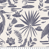 Tropical botanical pattern with blue herons, palm fronds, and foliage on cream background