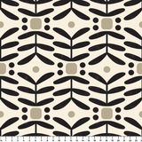 Geometric pattern with black botanical motifs and tan circles on cream background
