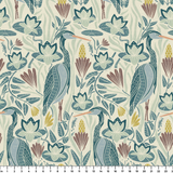 Decorative pattern with blue birds, lotus flowers, and foliage in muted teal, mauve, and cream tones