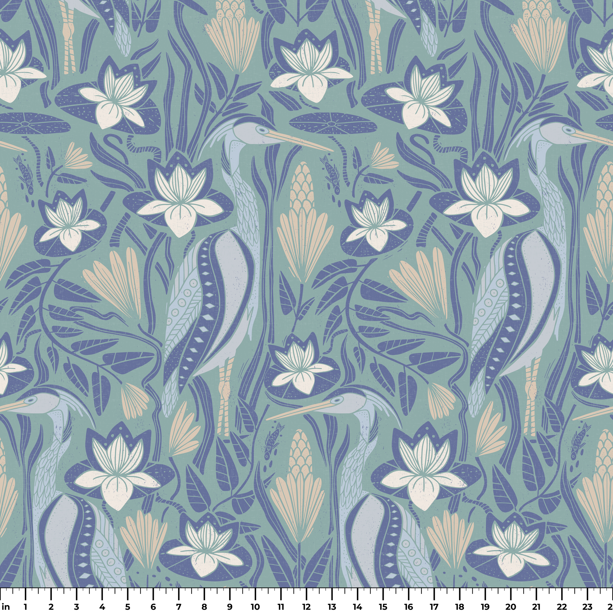 Art Nouveau floral pattern with white lilies, blue-green leaves and decorative pods on blue backgrou