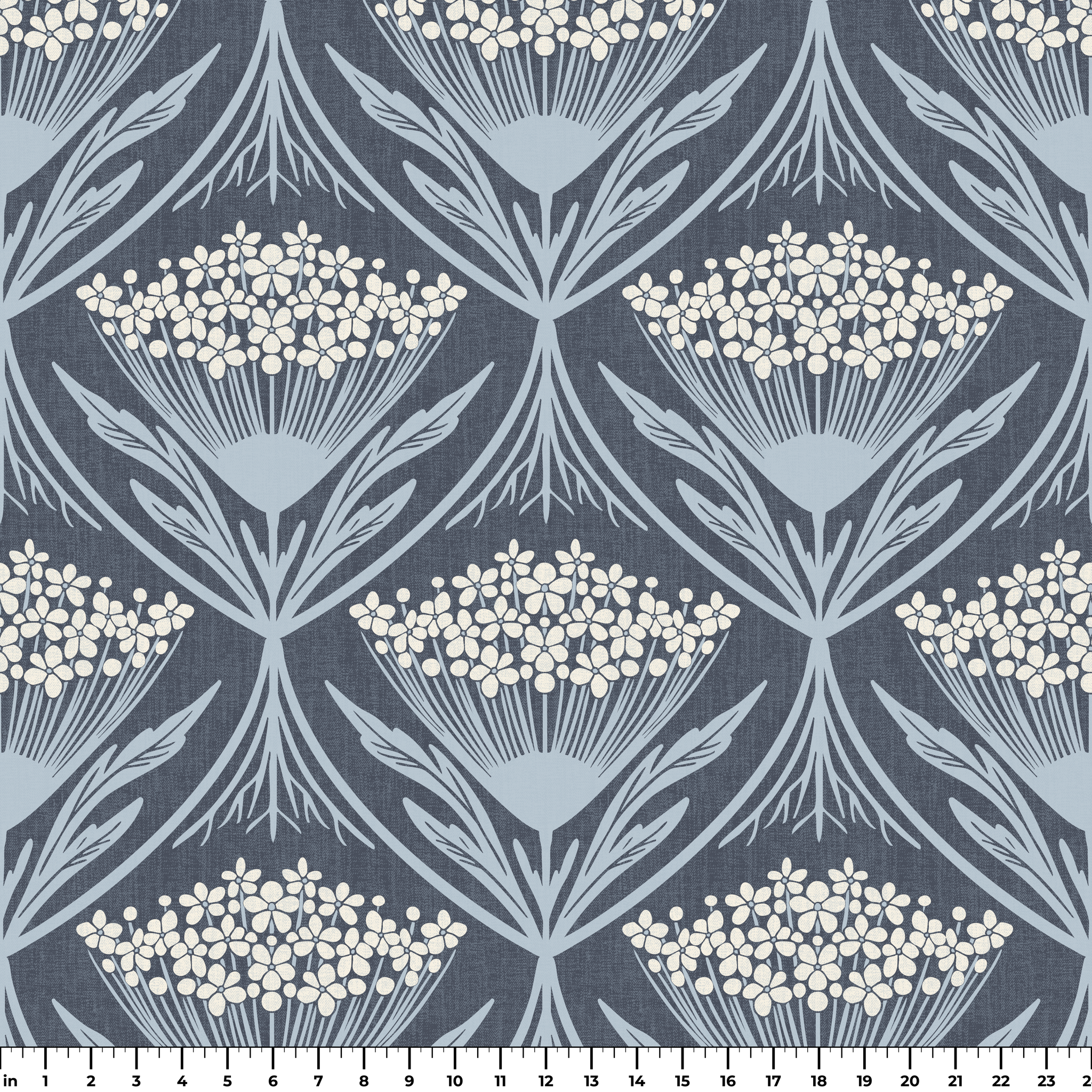 Art Nouveau floral pattern with white flowers and gray leaves in symmetrical diamond arrangement