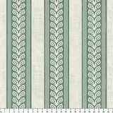 Vertical striped pattern with ornate scrollwork borders in sage green and cream tones