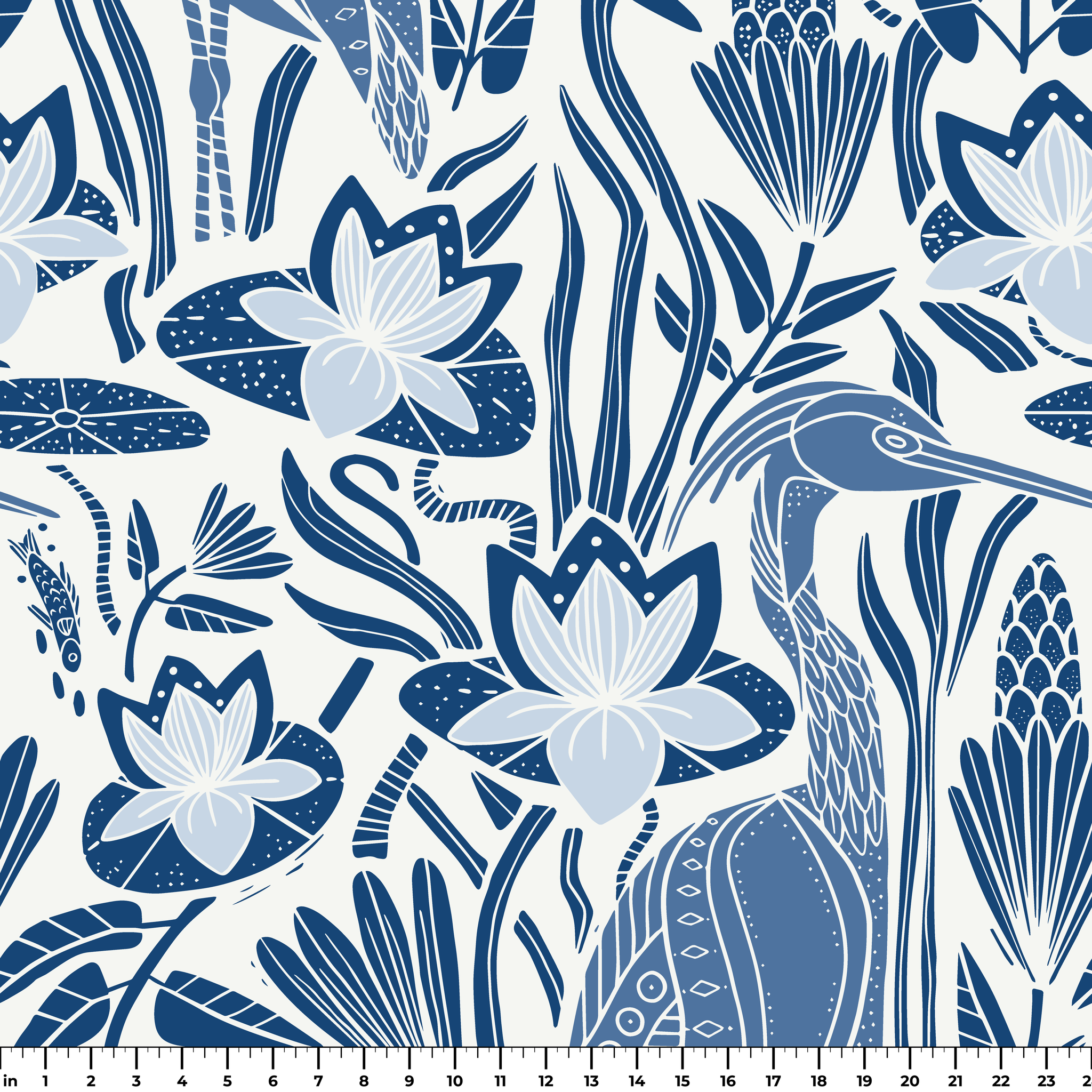 Blue and white decorative pattern with birds, flowers, and foliage in folk art style