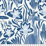 Blue and white decorative pattern with birds, flowers, and foliage in folk art style