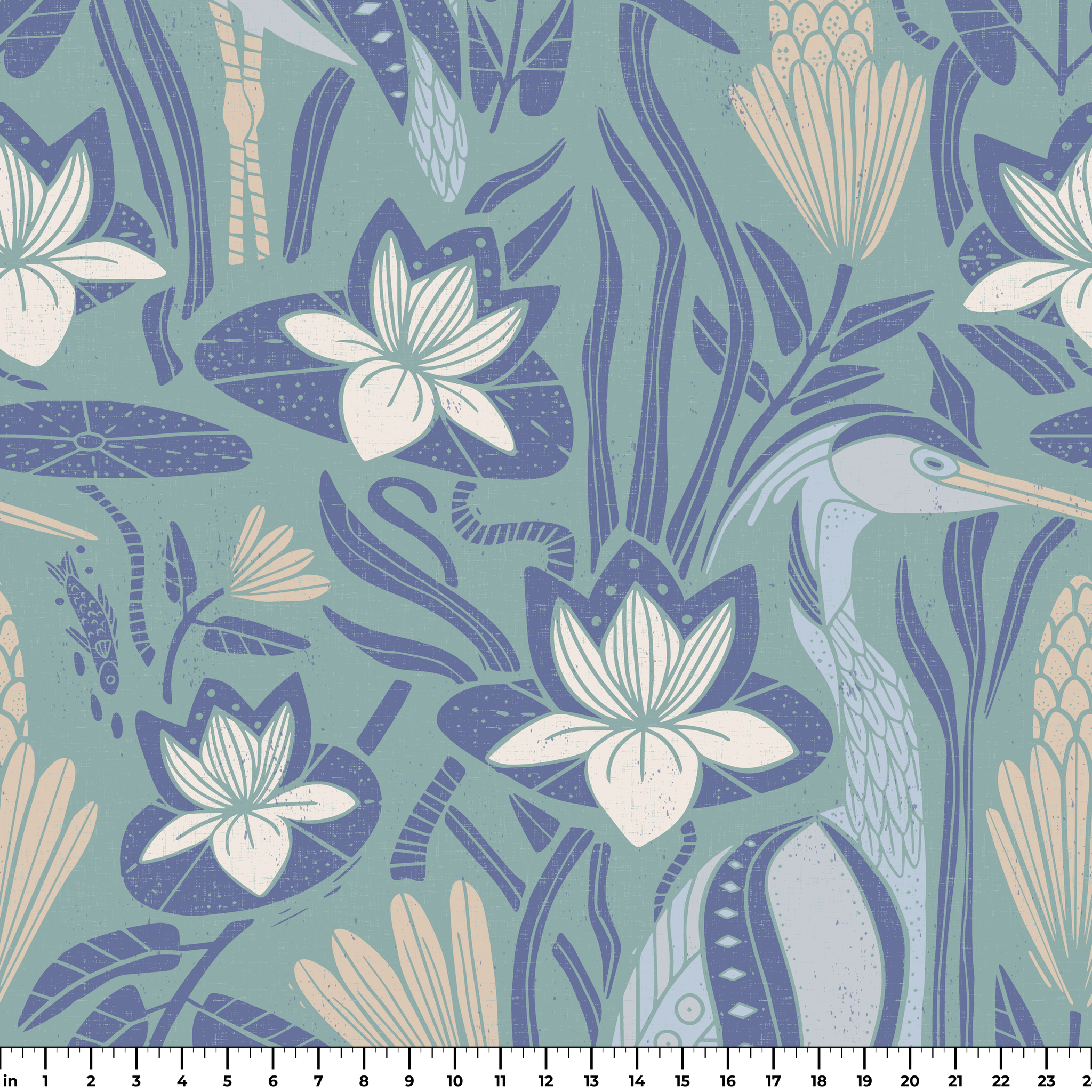Art Nouveau floral pattern with white lilies, blue-green leaves and organic flowing design