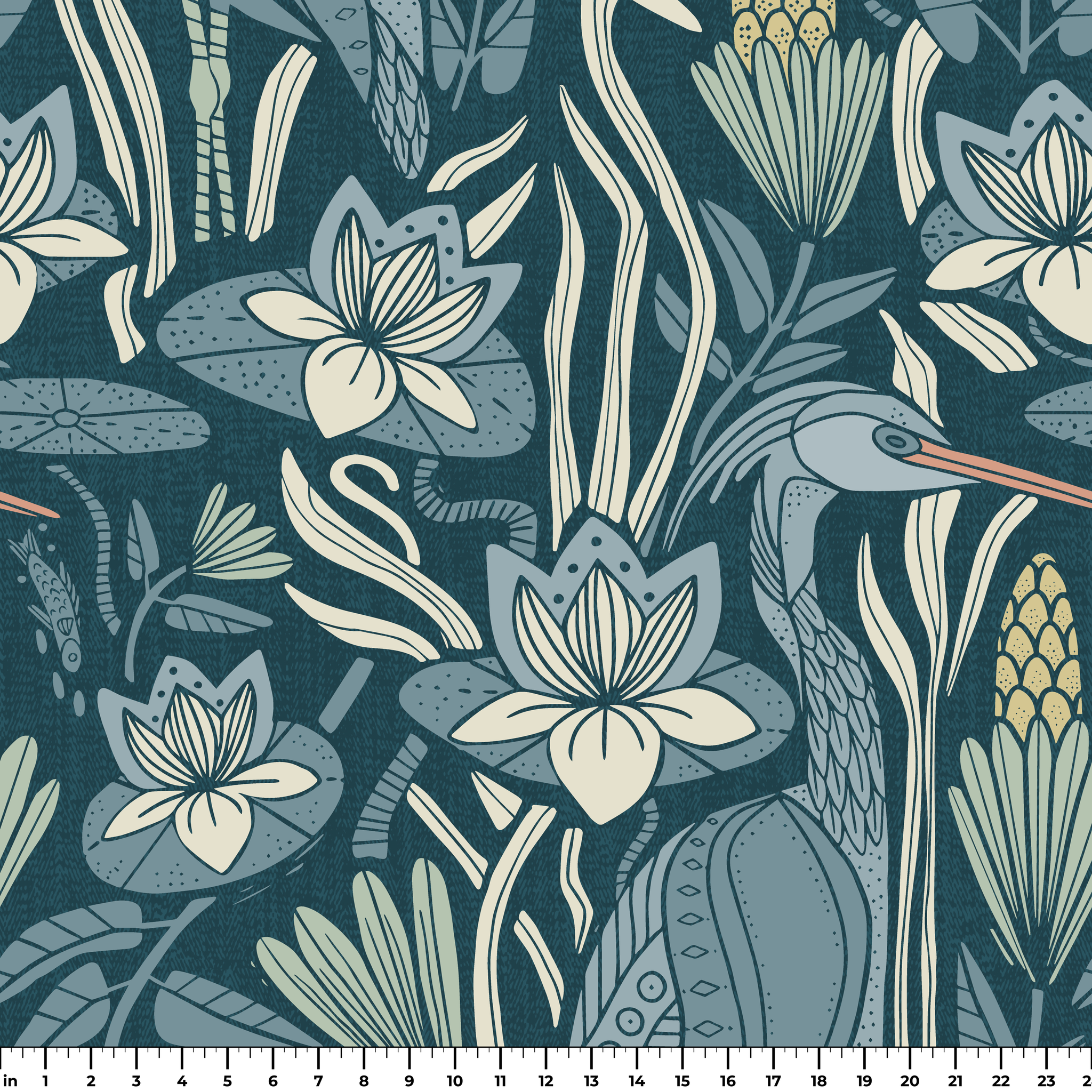 Blue-green botanical pattern with stylized flowers, leaves, and swans in Art Nouveau style