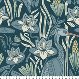 Blue-green botanical pattern with stylized flowers, leaves, and swans in Art Nouveau style